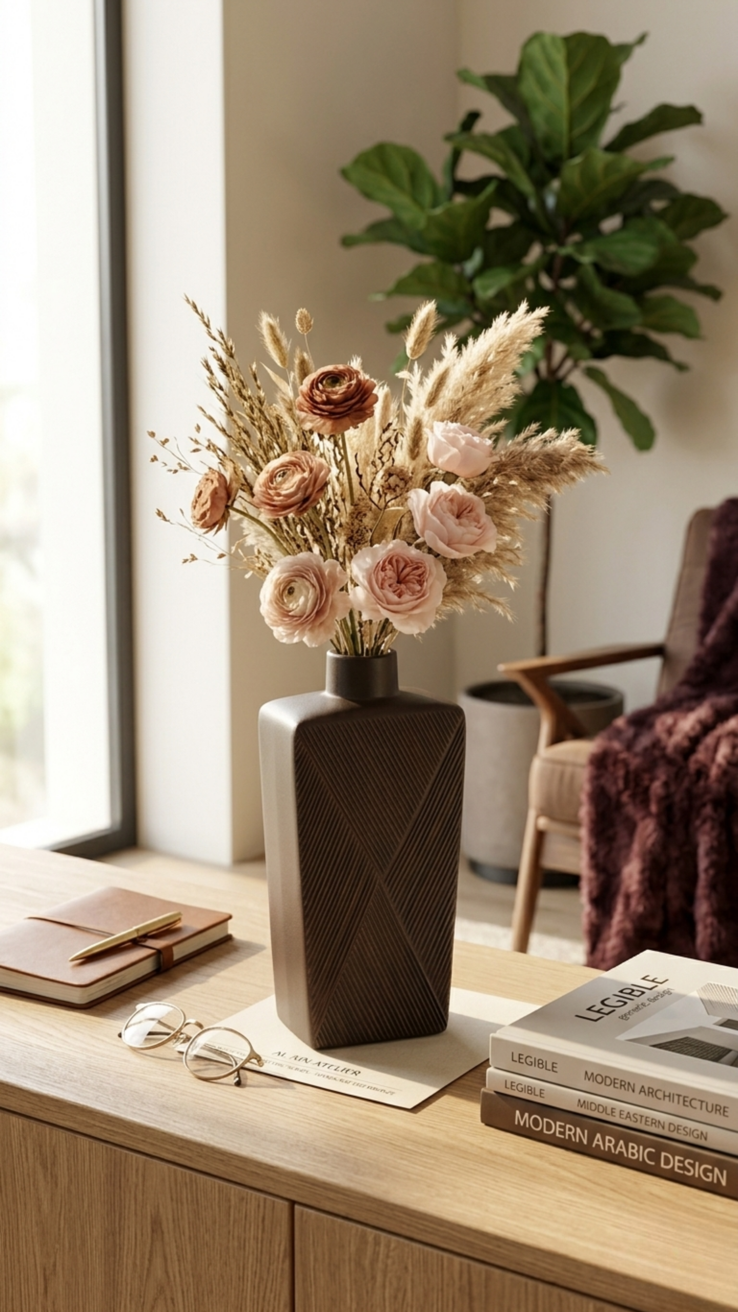 Mazaj Classic resin vase in a warm interior setting, styled with dried floral arrangement on a wooden table with books and soft natural lighting