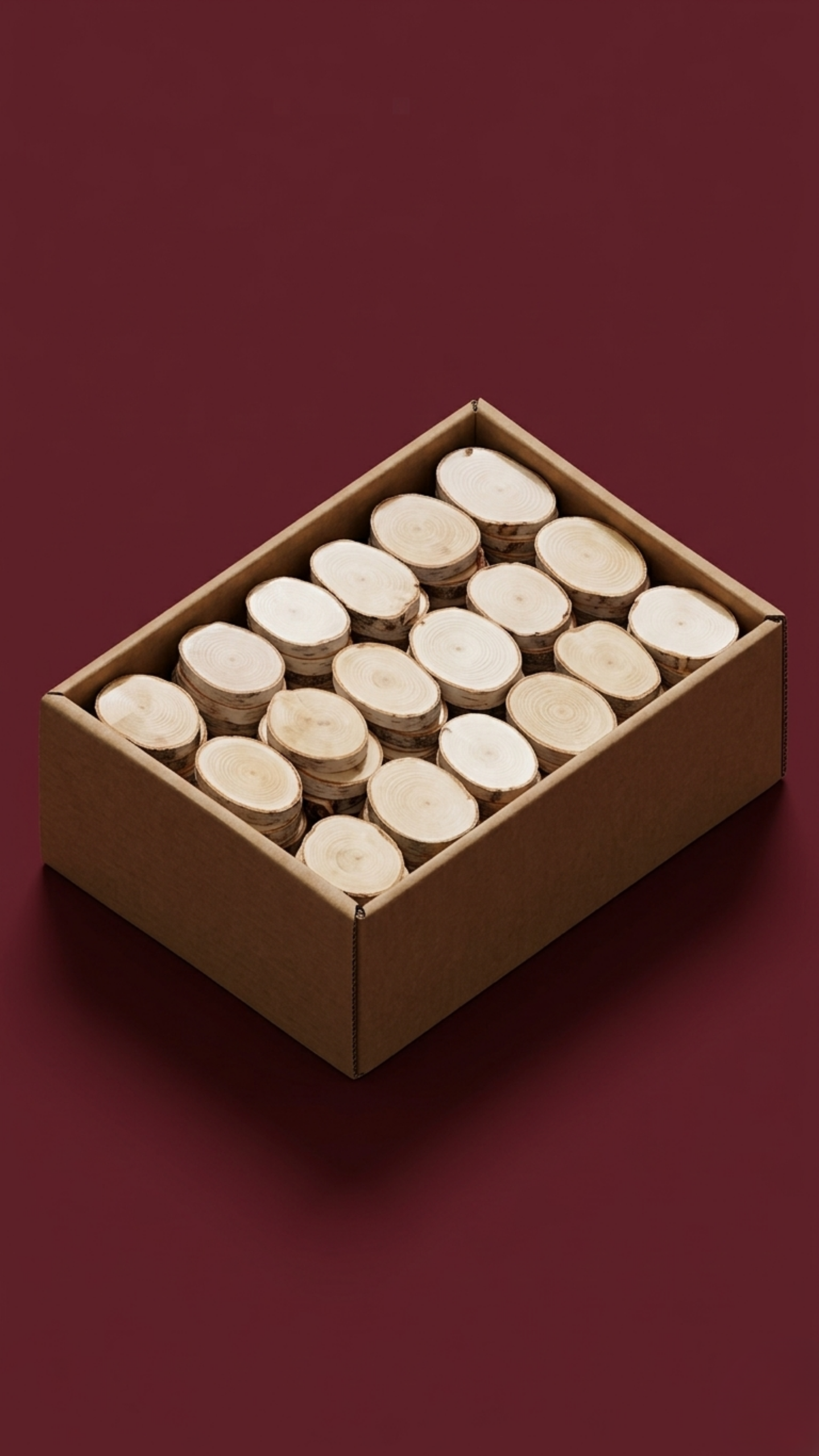 Polished birch wood slices arranged in box for natural indoor decorative and craft use