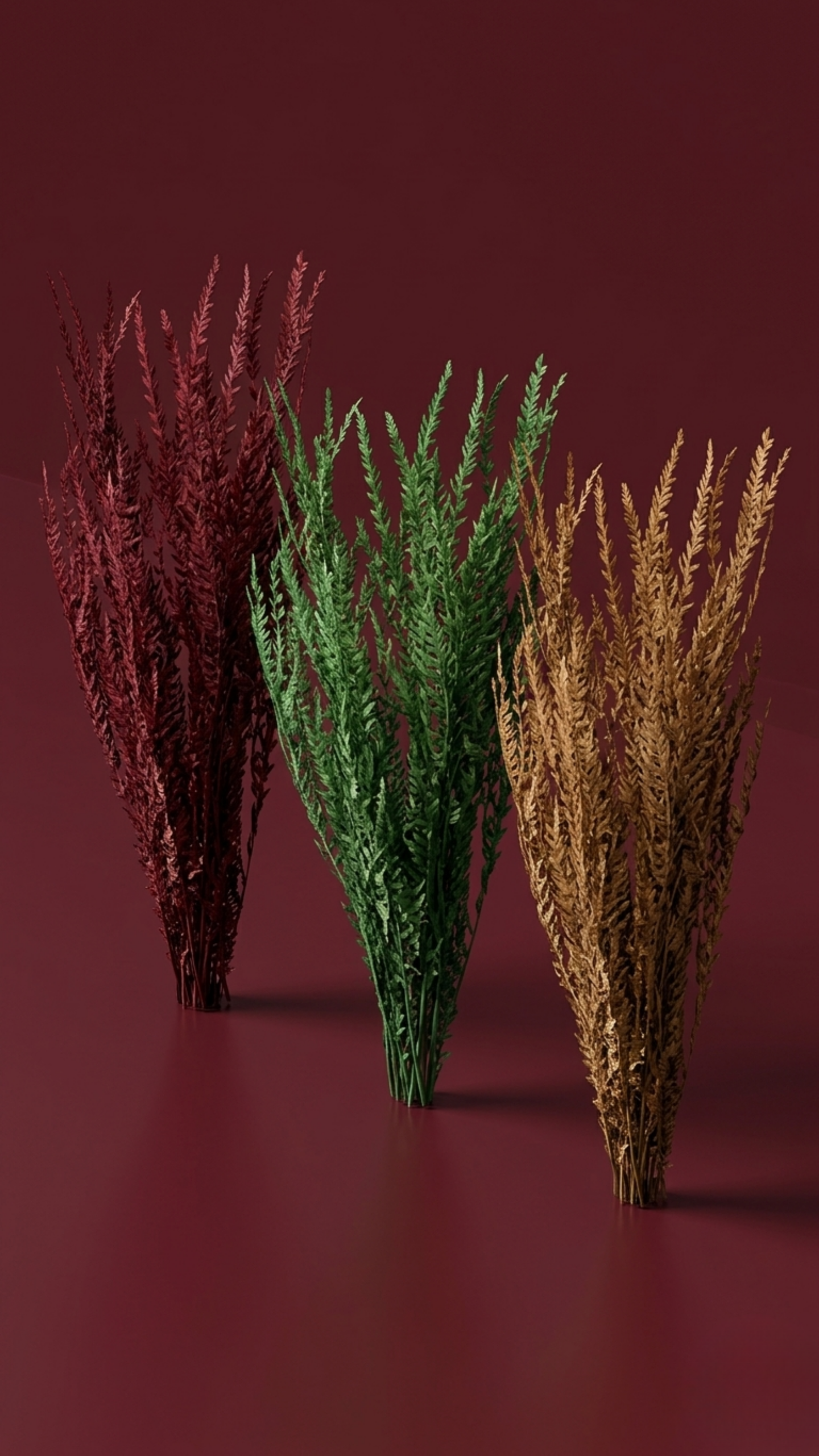 Preserved saber tooth fern bundles in natural and dyed tones for indoor decorative arrangements