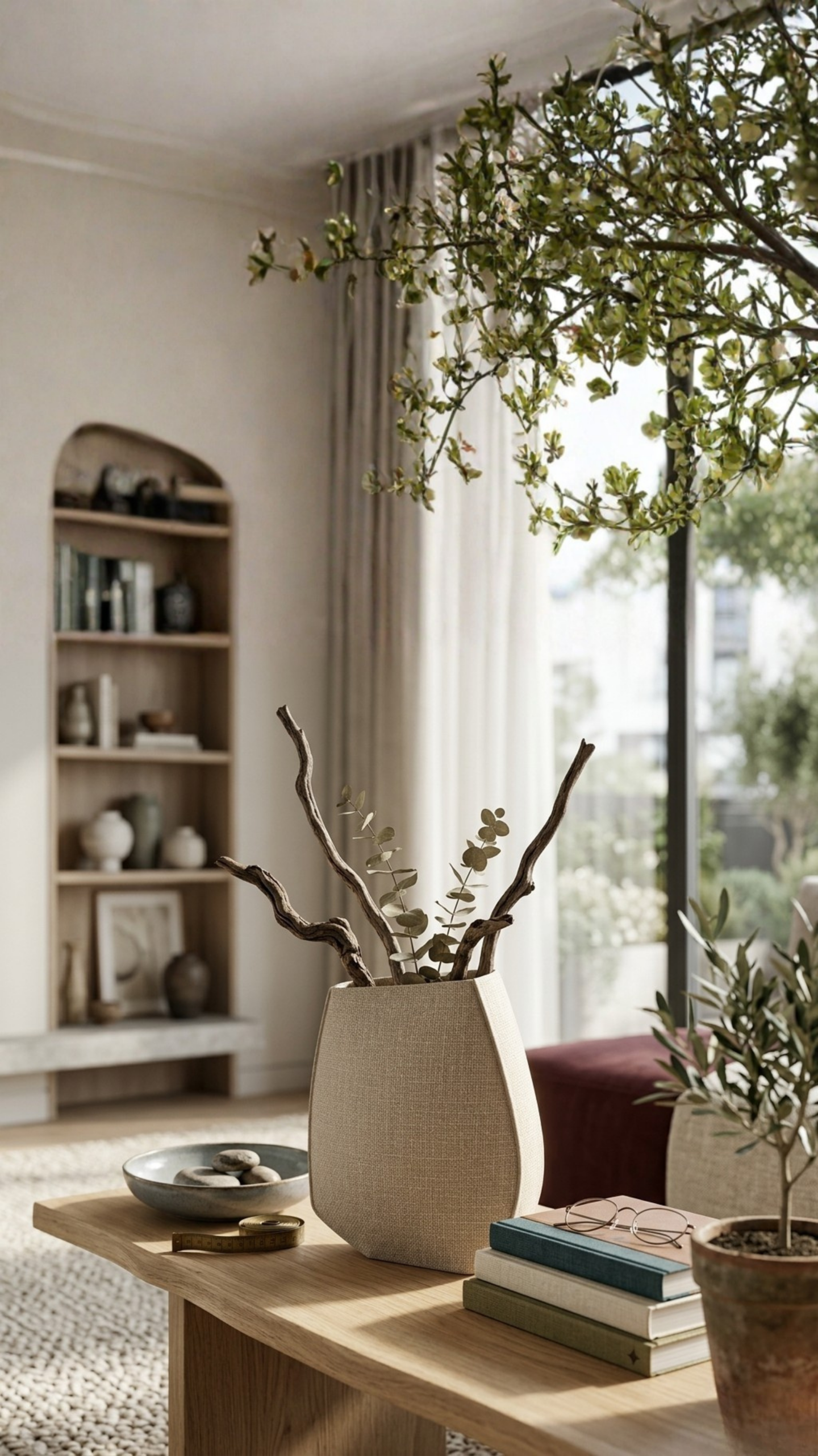 Sadou Classic textured vase styled in a cozy living space with natural branches, placed on a wooden table with books and soft daylight filtering through curtains
